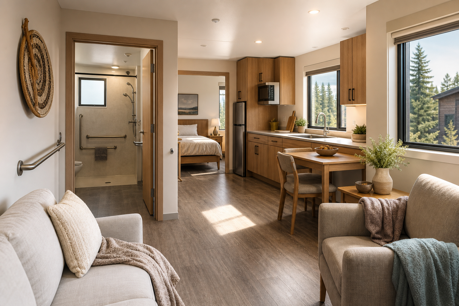 Accessible modular home interior with kitchen bathroom bedroom and living space