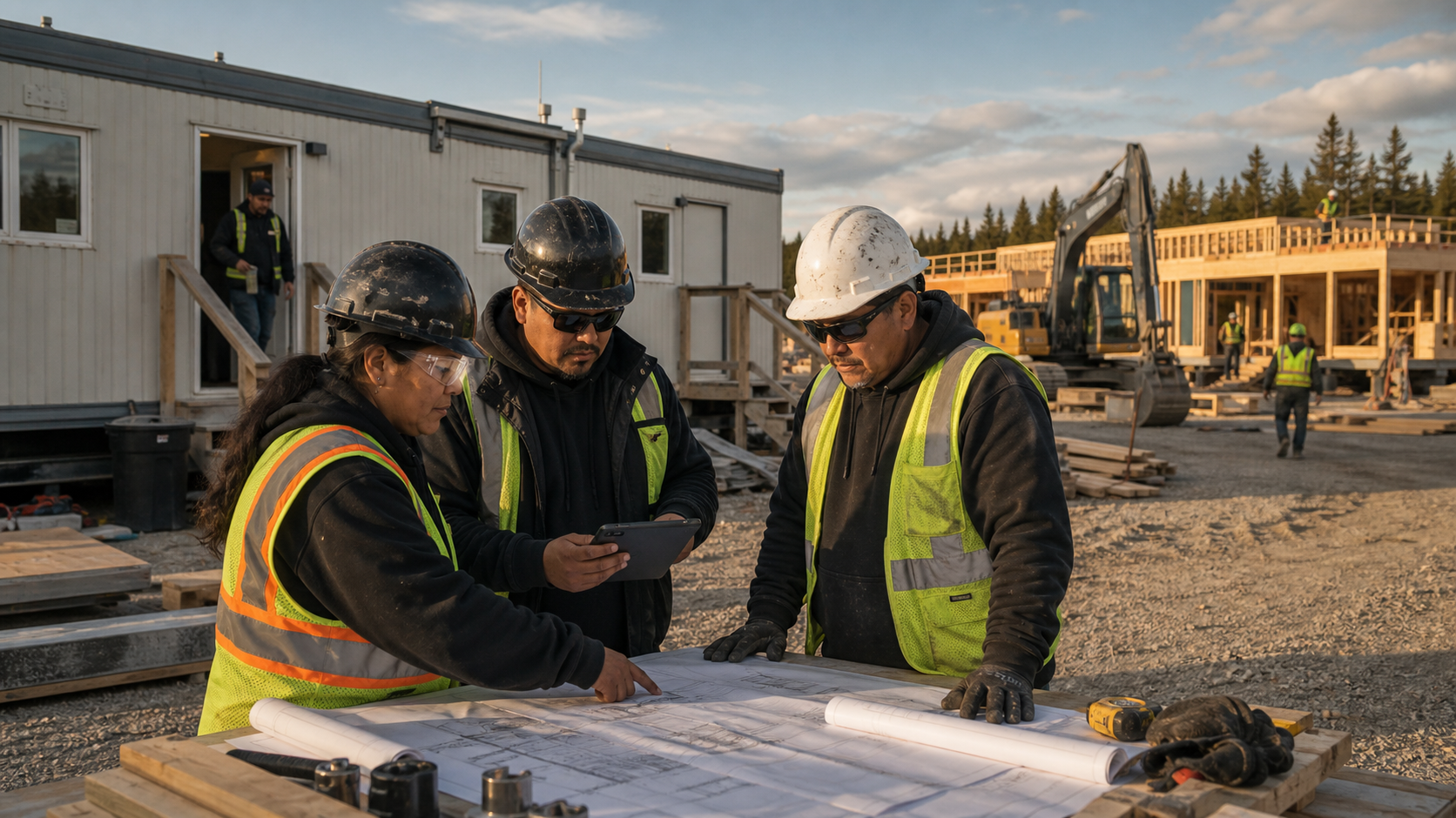 Construction team reviewing modular home plans on site