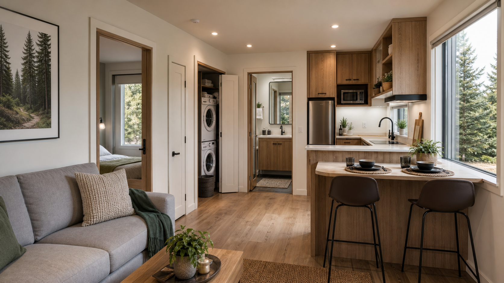 Kitchen, laundry, and interior finishes in the 360 sq ft modular home