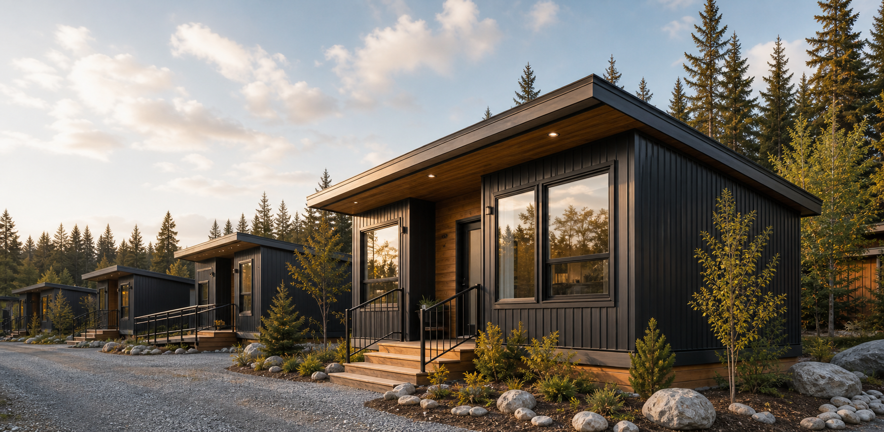 Building Nation modular home model lineup in a forest-edge setting
