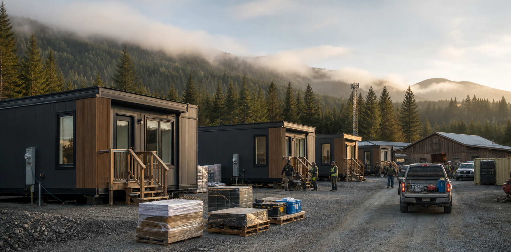 Modular homes being installed on a prepared community housing site