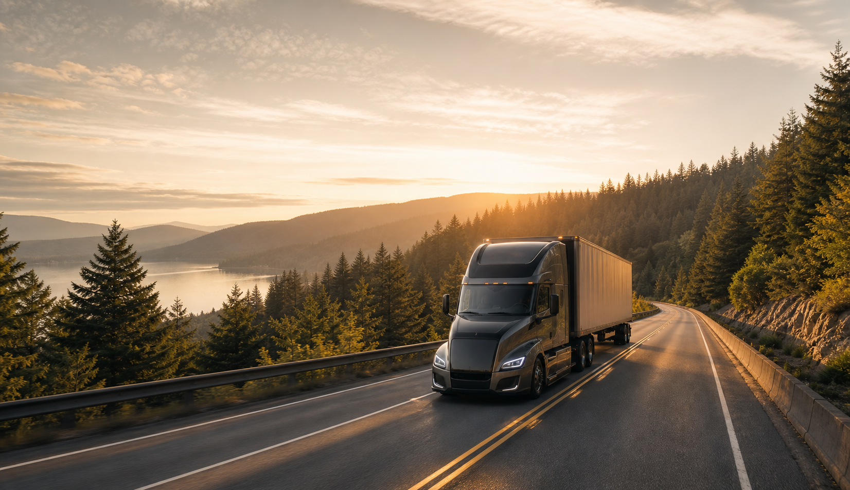 Modular home delivery truck on a forest road